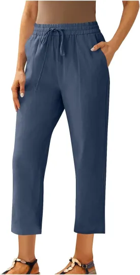 Womens Cotton Linen Pant Straight Leg Cropped Trousers Lightweight Slim Fit Elastic Waist Drawstring Slacks