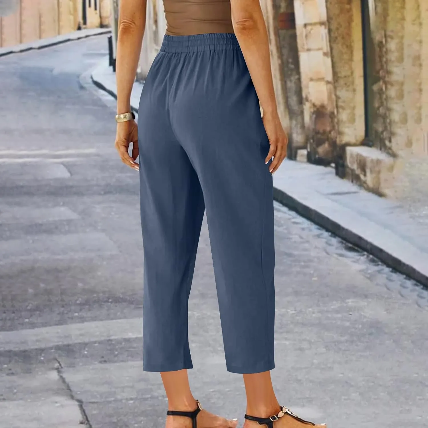 Womens Cotton Linen Pant Straight Leg Cropped Trousers Lightweight Slim Fit Elastic Waist Drawstring Slacks