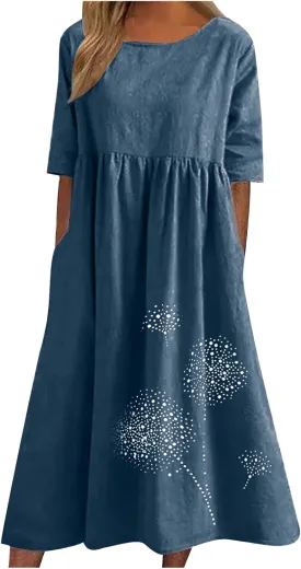 Women's Cotton Linen Short Sleeve Tshirt Dress Dandelion Print Casual Plus Size Midi Dresses Beach Dress with Pockets
