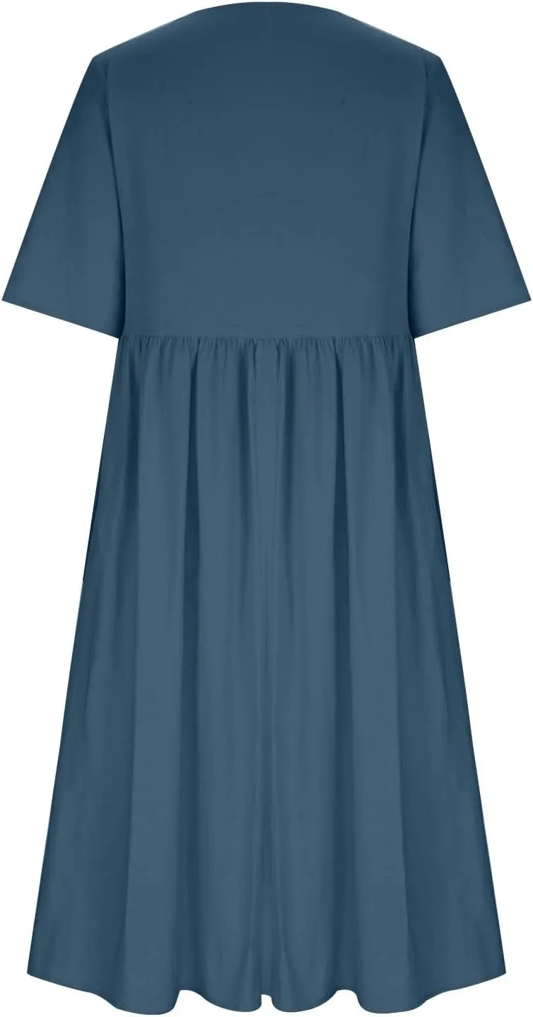 Women's Cotton Linen Short Sleeve Tshirt Dress Dandelion Print Casual Plus Size Midi Dresses Beach Dress with Pockets