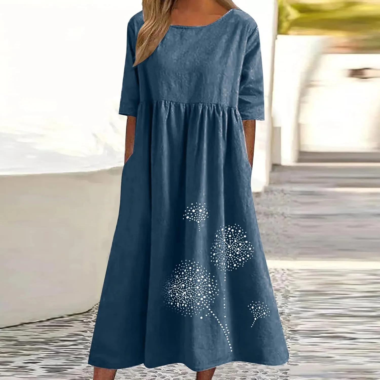 Women's Cotton Linen Short Sleeve Tshirt Dress Dandelion Print Casual Plus Size Midi Dresses Beach Dress with Pockets