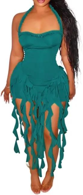 Women's Sexy Fringe Ruffle Halter Neck Off Shoulder Bodycon Blackless Ruched Tassel Hem Mini Flowy Dress
