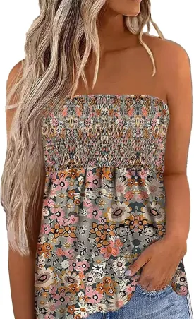 Womens Smocked Strapless Bandeau Tube Tops Floral Ruffled Tank Tops Sleeveless Backless Bandeau Tunic Shirts