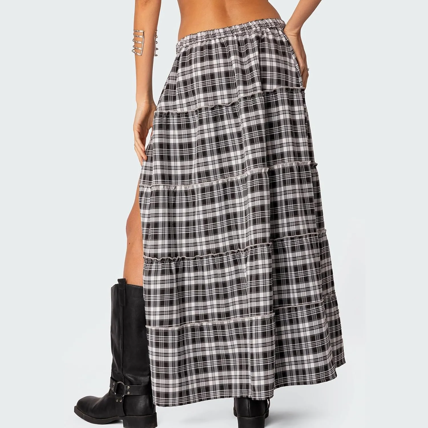 Women's Y2K Plaid Maxi Skirts Elastic Waist Side Slit Tiered Skirt Vintage Summer Flowy Gingham A Line Skirts