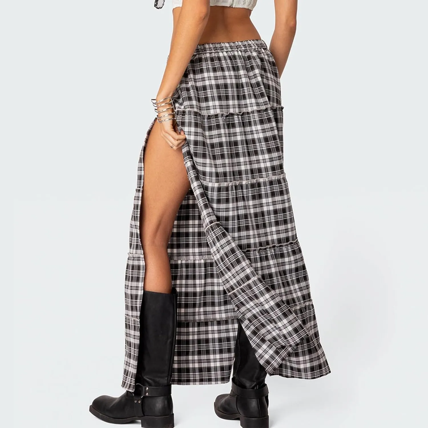Women's Y2K Plaid Maxi Skirts Elastic Waist Side Slit Tiered Skirt Vintage Summer Flowy Gingham A Line Skirts