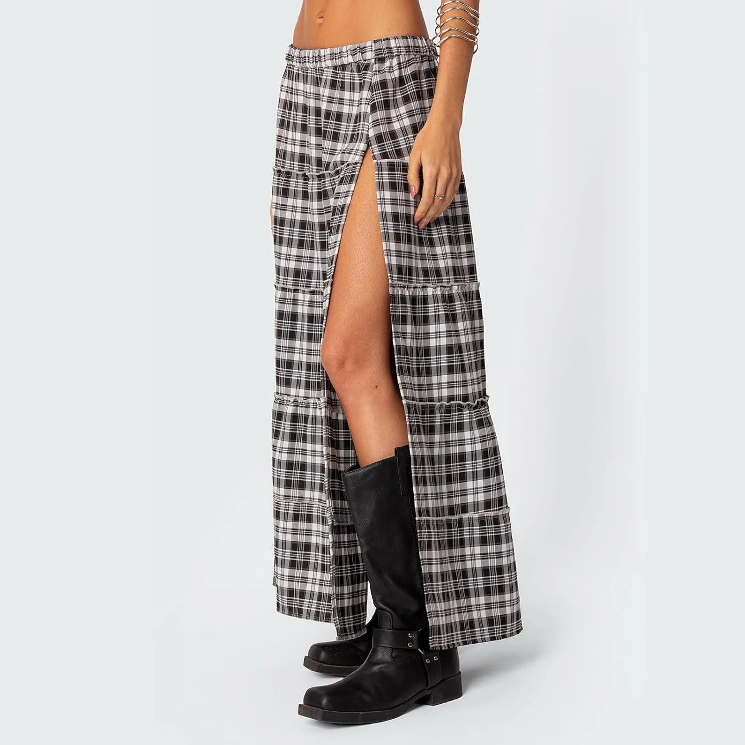 Women's Y2K Plaid Maxi Skirts Elastic Waist Side Slit Tiered Skirt Vintage Summer Flowy Gingham A Line Skirts