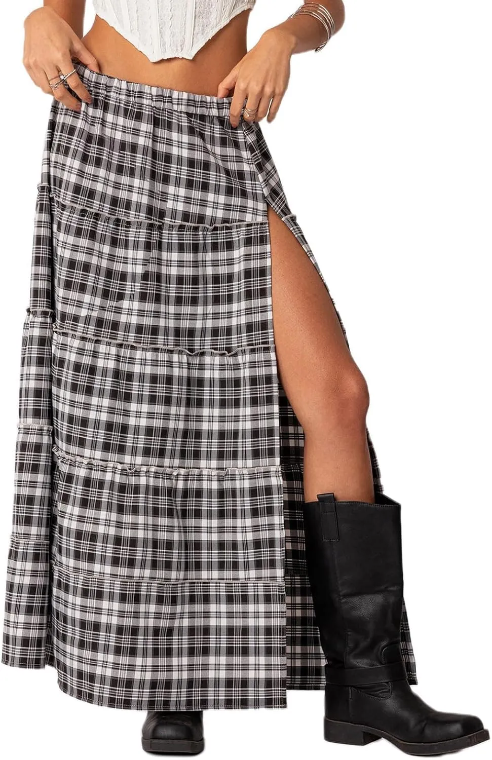 Women's Y2K Plaid Maxi Skirts Elastic Waist Side Slit Tiered Skirt Vintage Summer Flowy Gingham A Line Skirts
