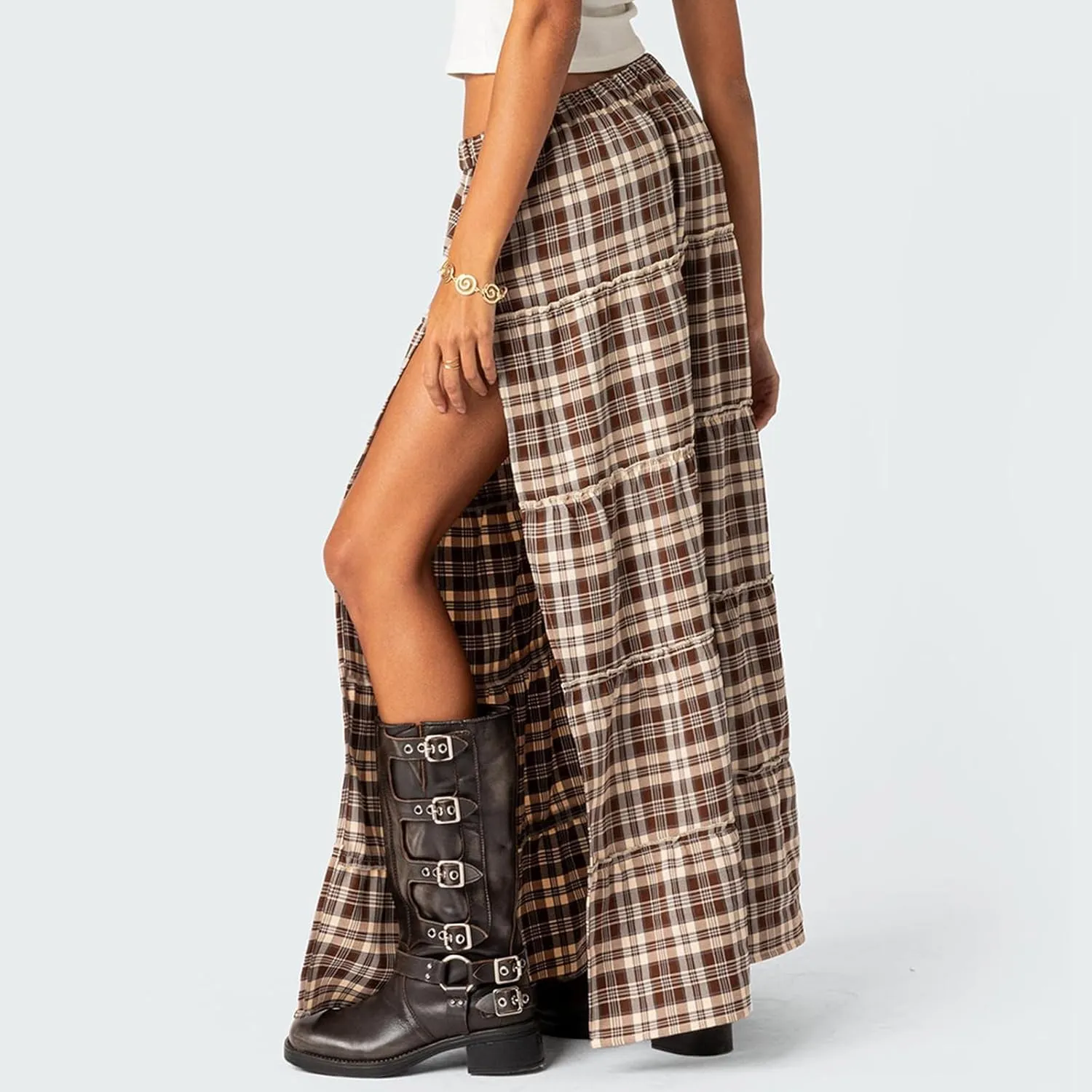 Women's Y2K Plaid Maxi Skirts Elastic Waist Side Slit Tiered Skirt Vintage Summer Flowy Gingham A Line Skirts